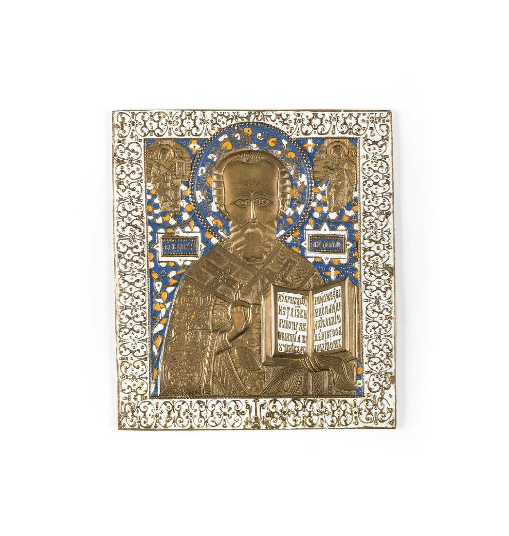 A LARGE BRASS AND ENAMEL ICON SHOWING ST. NICHOLAS OF (1 of 1)