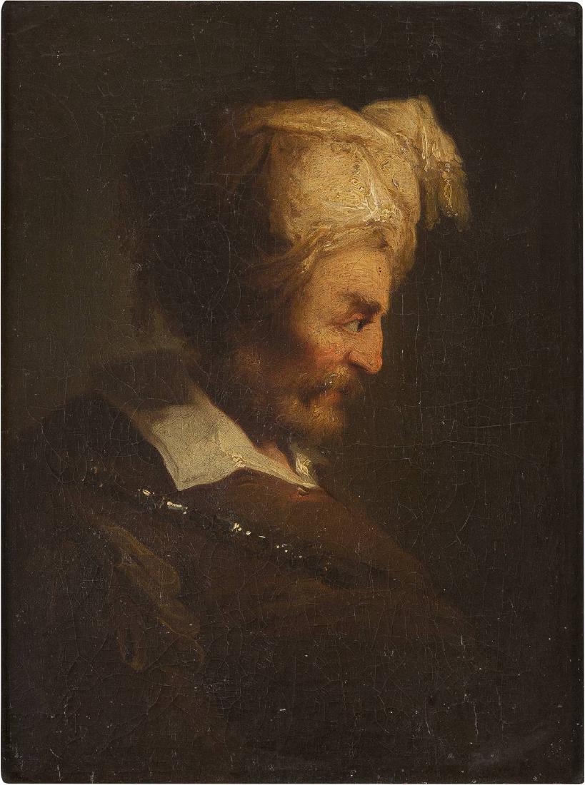 BRUSTBILD EINES ORIENTALEN: FERDINAND BOL (UMKREIS) 1616 Dordrecht - 1680 Amsterdam BRUSTBILD EINES ORIENTALEN Öl auf Leinwand. 50 x 37 cm (R. 66,5 x 53,5 cm). Min. besch. Rahmen. Provenienz: Rheinische Privatsammlung.