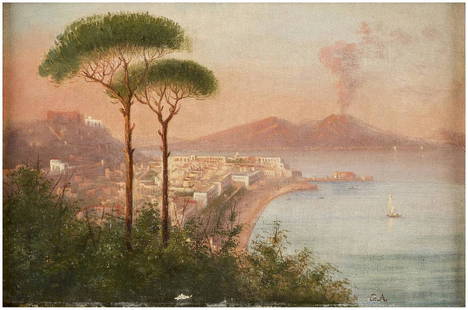 Blick auf den Vesuv am Golf von Neapel: OSWALD ACHENBACH (KOPIE NACH) 1827 Düsseldorf - 1905 ebenda Blick auf den Vesuv am Golf von Neapel Öl auf Leinwand. 27 x 38 cm (R. 47 x 59 cm). Mit Monogramm bez. unten rechts 'O. A.'. Part Farbverl