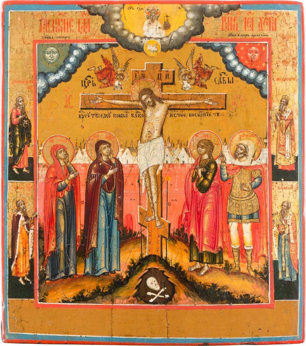 A FINE ICON SHOWING THE CRUCIFIXION AND SELECTED SAINTS (1 of 1)