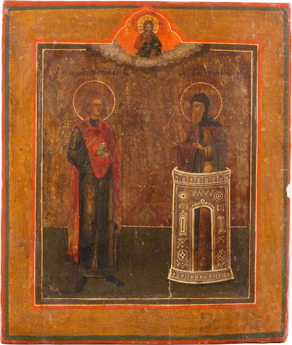 AN ICON SHOWING STS. PANTELEIMON AND SIMEON STYLITES: AN ICON SHOWING STS. PANTELEIMON AND SIMEON STYLITES Russian, 19th century Tempera on wood panel with kovcheg. Restored. 31 x 26.5 cm. IKONE MIT ZWEI HEILIGEN: HEILIGER PANTELEIMON UND HEILIGER SIMEON