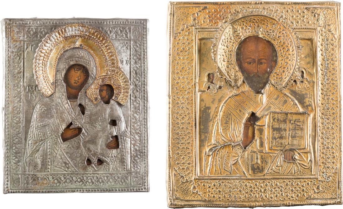 TWO ICONS WITH OKLAD: MOTHER OF GOD WITH CHILD AND ST. (1 of 3)