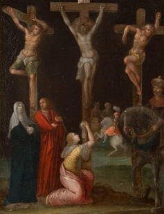 FRANS FRANCKEN THE YOUNGER (CIRCLE) 1581 Antwerpen -: FRANS FRANCKEN THE YOUNGER (CIRCLE) 1581 Antwerpen - 1642 Ibid CRUCIFIXION SCENE Oil on copper. 30,5 cm x 24 cm (F. 43 cm x 36 cm). Restored, min. damaged. Frame. Provenance: Auction Christie's, Londo