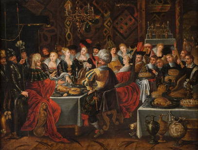 FRANS FRANCKEN THE YOUNGER (ATTR./ STUDIO) 1581 Antwerp: FRANS FRANCKEN THE YOUNGER (ATTR./ STUDIO) 1581 Antwerp - 1642 Ibid BELSHAZZAR'S FEAST Oil on wood. 48,5 cm x 64 cm (F. 65 cm x 80 cm). Verso: An old handwritten label (illegible) and on the frame a p