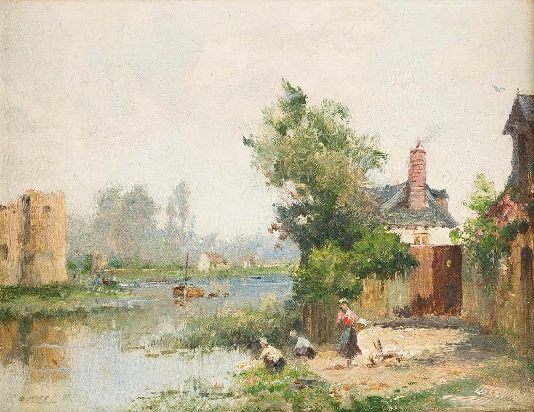 MAURICE LÉVIS 1860 Paris - 1940 Two landscape: MAURICE LÉVIS 1860 Paris - 1940 Two landscape paintings: Romantic river valley (1); Orchard of Duchess of Rohan in Josselin (2) Each oil on wooden panel. 9 x 15 cm (F. 18 x 25 cm) (1); 14 x 18 cm (F.