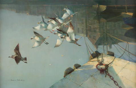 VERNON DE BEAUVOIR WARD 1905 London - 1985 Ibid.: VERNON DE BEAUVOIR WARD 1905 London - 1985 Ibid. Seagulls in the harbor Oil on canvas (relined). 56.5 x 83 cm (F. 45 x 93 cm). Signed and dated lower left 'Vernon Ward (19)50'. Verso: On label on stre