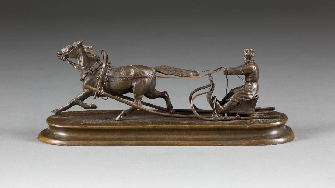 VASILII GRACHEV 1831 - 1905 DIE SCHLITTENFAHRT A BRONZE: VASILII GRACHEV 1831 - 1905 DIE SCHLITTENFAHRT A BRONZE GROUP OF A HORSE-DRAWN SLEIGH Russland, St. Petersburg, BronzegieÃŸerei K. F. Woerffel, Ende 19. Jh. Russian, St. Petersburg, late 19th centur
