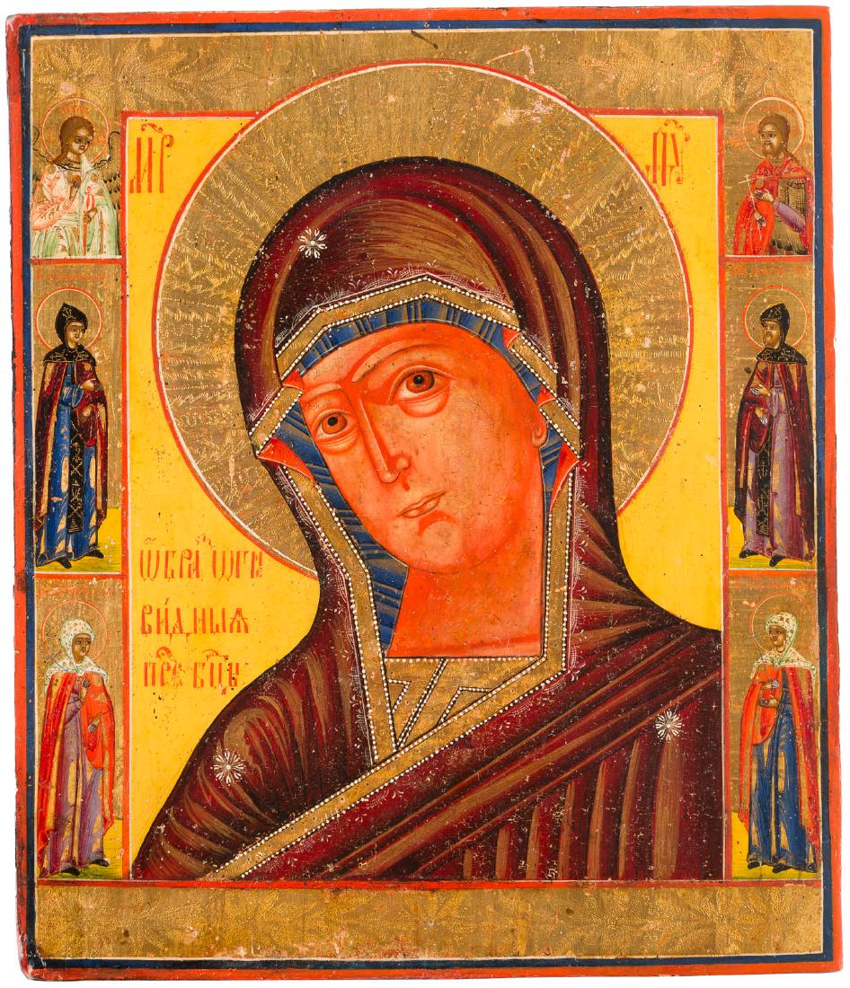 AN ICON OF THE 'FIRE-APPEARING' MOTHER OF GOD: AN ICON OF THE 'FIRE-APPEARING' MOTHER OF GOD (OGNEVIDNAYA) Russian, Vetka, 19th century Tempera on wood panel. The Mother of God is distinguished by her fiery-red face. She is depicted without her ch