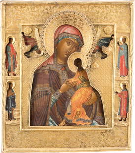 A FINE ICON OF THE MOTHER OF GOD OF PASSION WITH RIZA: A FINE ICON OF THE MOTHER OF GOD OF PASSION WITH RIZA Russian, late 19th century (icon), Russian, late 19th century (riza) Tempera on wood panel with kovcheg. The Mother of God portrayed half-length i