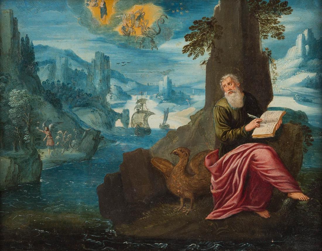 TOBIAS VERHAECHT (SCHOOL/ STUDIO) 1561 Antwerp - 1631: TOBIAS VERHAECHT (SCHOOL/ STUDIO) 1561 Antwerp - 1631 Ibid JOHN AT PATMOS Oil on copper plate. 34 cm x 43 cm (F. 52,5 cm x 62 cm). Part. min. restored. Frame. In the data base of the RKD, Den Haag is