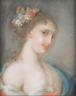 ROSALBA CARRIERA (ATTR.) 1675 Venedig - 1757 ibid YOUNG: ROSALBA CARRIERA (ATTR.) 1675 Venedig - 1757 ibid YOUNG ROCOCO LADY CROWNED WITH FLOWERS Pastel on paper, on canvas. 48,5 x 38,5 cm (F. 59 x 51 cm). Part. massive stains, surface part. rubbed, slight