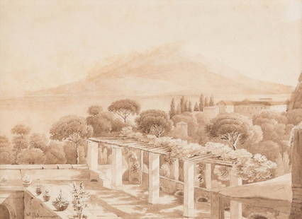 JOHANN WILHELM SCHIRMER (ATTR.) 1807 Jülich - 1863: JOHANN WILHELM SCHIRMER (ATTR.) 1807 Jülich - 1863 Karlsruhe Italian study Drawing with pencil, washed, on paper. Visible size 16,5 x 23 cm (frame 32,5 x 37,5 cm). Inscribed lower left 'W. Schirm
