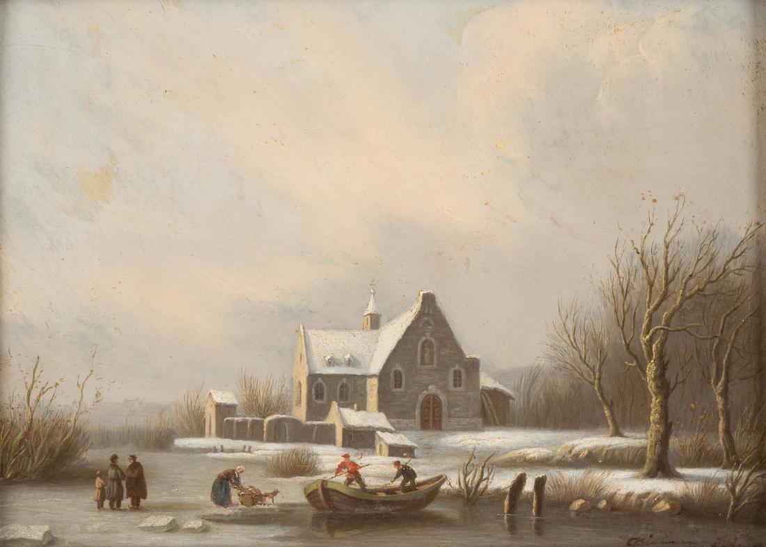 CAESAR BIMMERMANN (ATTR.) 1821 - 1890 (active in: CAESAR BIMMERMANN (ATTR.) 1821 - 1890 (active in Duesseldorf) Wintry scenery Oil on wooden panel. 23.5 x 29 cm (F. 40 x 47 cm). Inscribed and dated lower right 'CBimmermann Ddf. (18)84'. Min. rest., m