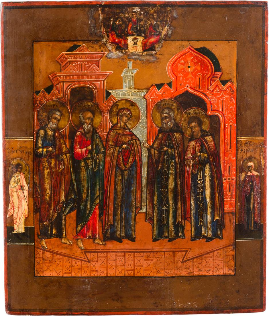 AN ICON SHOWING THE APPEARANCE OF THE MOTHER OF GOD TO: AN ICON SHOWING THE APPEARANCE OF THE MOTHER OF GOD TO ST. SERGEI OF RADONEZH Russian, 19th century Russland, 19. Jh. Tempera on wood panel with kovcheg. The haloes made of silver, covered by a golden