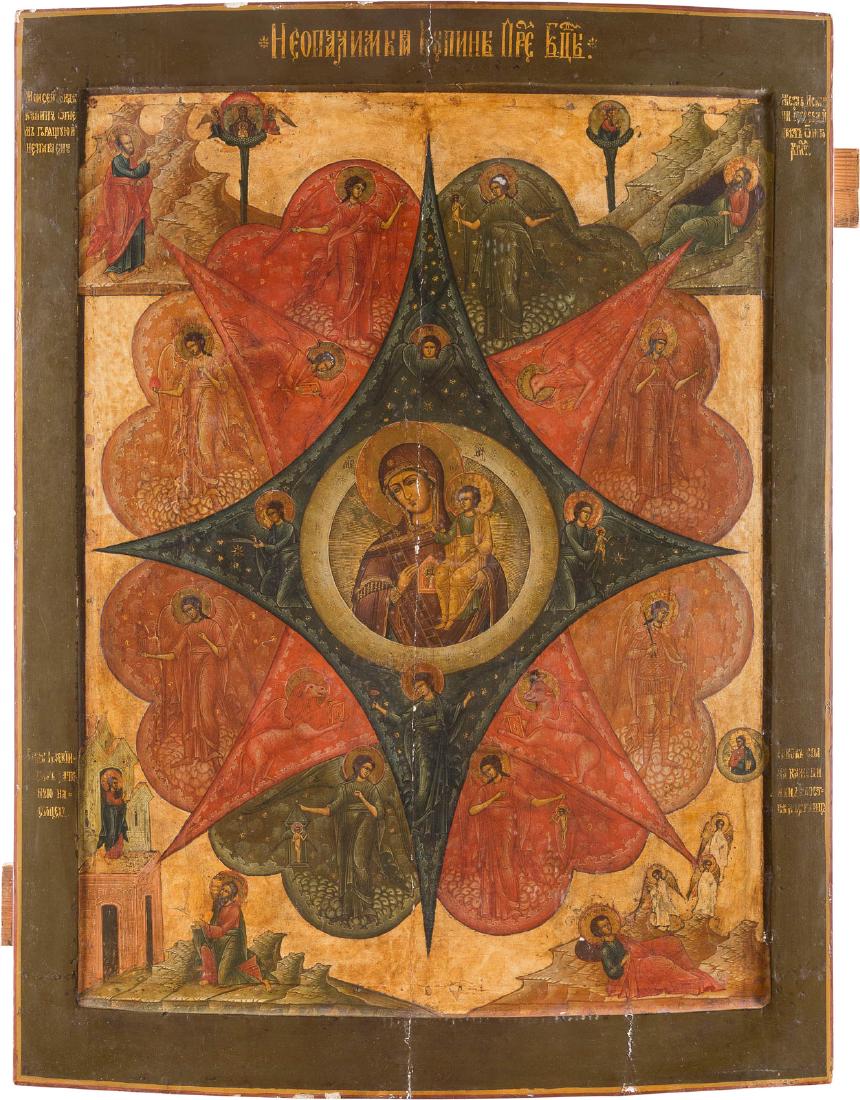 A MONUMENTAL ICON SHOWING THE MOTHER OF GOD 'OF THE: A MONUMENTAL ICON SHOWING THE MOTHER OF GOD 'OF THE BURNING BUSH' FROM A CHURCH ICONOSTASIS Russian, 19th century Tempera on wood panel. The figures bearing golden haloes. The background stripped to g