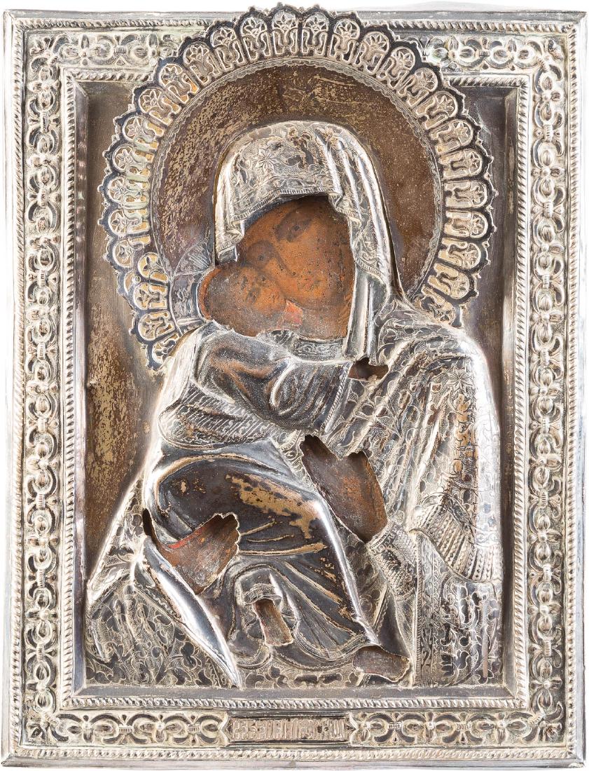 A SMALL ICON SHOWING THE VLADIMIRSKAYA MOTHER OF GOD: A SMALL ICON SHOWING THE VLADIMIRSKAYA MOTHER OF GOD WITH A SILVER OKLAD Russian, 19th century (icon), Russian, St. Petersburg, Vassily Kangin, 1896-1908 (oklad) Tempera on wood panel. Overlaid with a