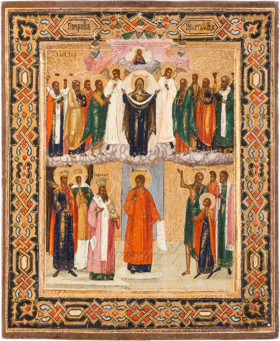 AN ICON SHOWING THE PROTECTING VEIL OF THE MOTHER OF: AN ICON SHOWING THE PROTECTING VEIL OF THE MOTHER OF GOD Russian, circa 1870 Tempera on wood panel with kovcheg. Executed with gold highlights. The border emulating contemporary enamel work. Restored.