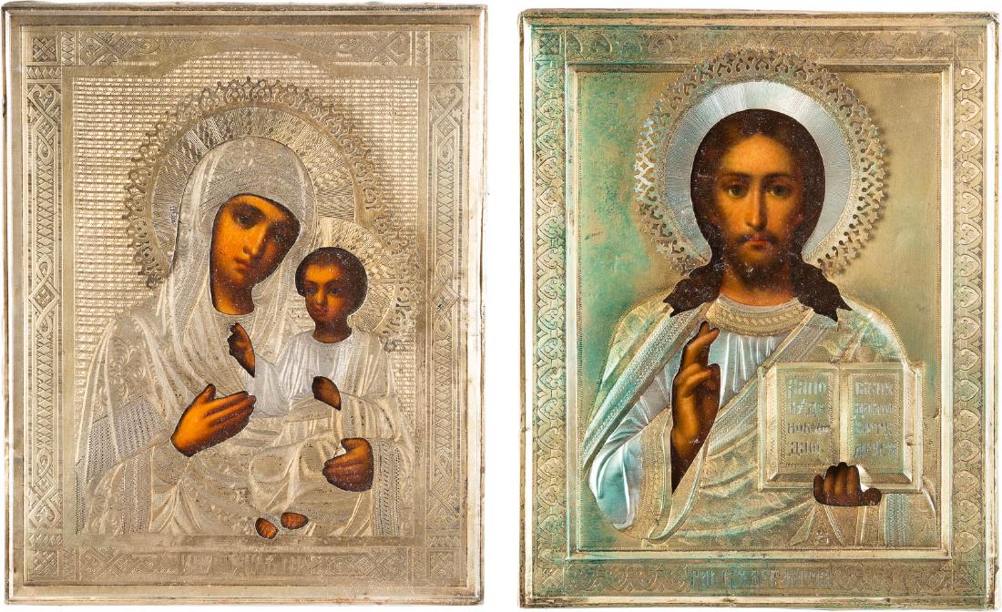 TWO ICONS WITH A SILVER-GILT OKLAD: IVERSKAYA MOTHER OF: TWO ICONS WITH A SILVER-GILT OKLAD: IVERSKAYA MOTHER OF GOD AND CHRIST PANTOKRATOR Russian, late 19th century (icons), Russian, Moscow, late 19th century / 1896-1908 Oil on wood panels with velvet bac