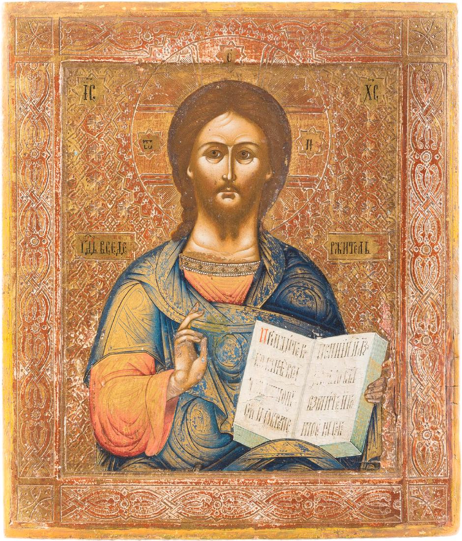 AN ICON SHOWING CHRIST PANTOKRATOR Russian, late 19th: AN ICON SHOWING CHRIST PANTOKRATOR Russian, late 19th century Tempera on wood panel with kovcheg. The golden background and border engraved with tracery design. Wearings, minimally restored. 31 x 26.7