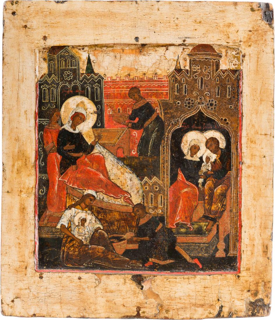 AN ICON SHOWING THE NATIVITY OF THE MOTHER OF GOD: AN ICON SHOWING THE NATIVITY OF THE MOTHER OF GOD Russian, circa 1600 Tempera on wood panel with kovcheg. The image executed in the traditional style. St. Anna resting on a couch, assisted by two maid