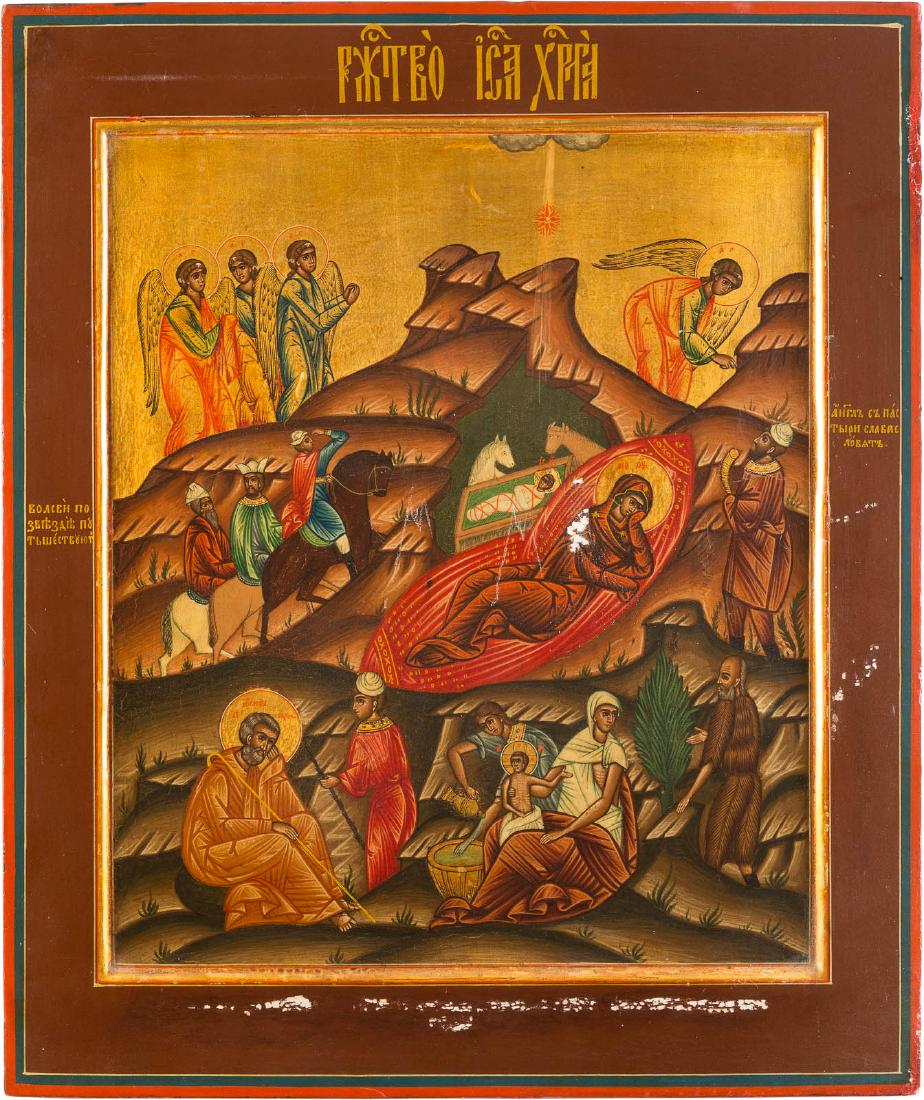 A LARGE ICON SHOWING THE NATIVITY OF CHRIST Russian,: A LARGE ICON SHOWING THE NATIVITY OF CHRIST Russian, early 20th century Tempera on wood panel with kovcheg. Executed on a gold ground. Minor paint blisterings, losses. 53 x 44.5 cm.GROSSFORMATIGE IKON