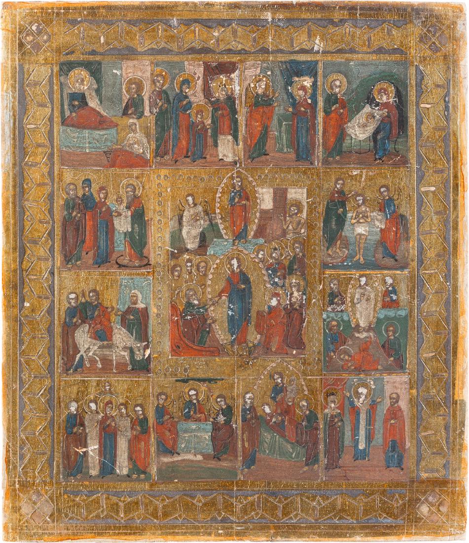 AN ICON SHOWING THE RESURRECTION AND THE DESCENT INTO: AN ICON SHOWING THE RESURRECTION AND THE DESCENT INTO HELL WITHIN TWELVE FEASTS Russian, circa 1900 Tempera on wood panel. The background made of silver, covered by a golden lacquer. Losses. 30.8 x 26