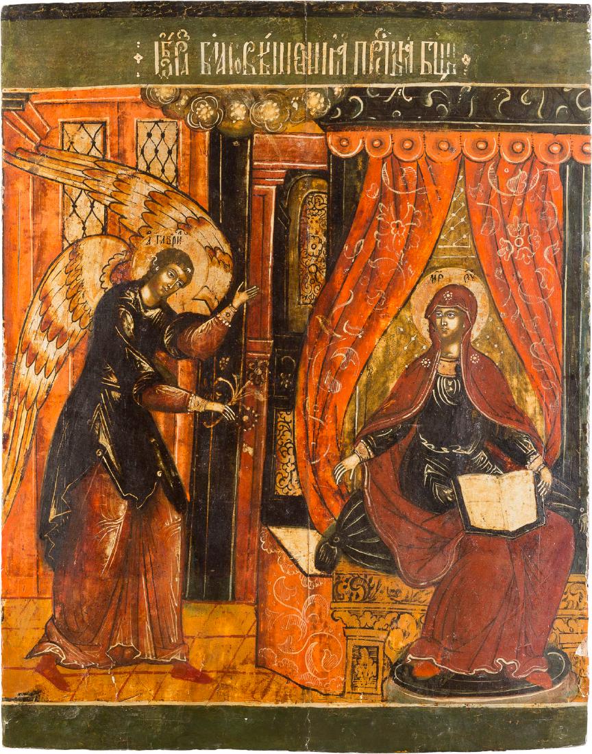 A MONUMENTAL ICON SHOWING THE ANNUNCIATION OF THE: A MONUMENTAL ICON SHOWING THE ANNUNCIATION OF THE MOTHER OF GOD FROM A CHURCH ICONOSTASIS Russian, Circle of the Kremlin Workshop, circa 1700 Tempera on wood panel. Finely executed with silvered detai
