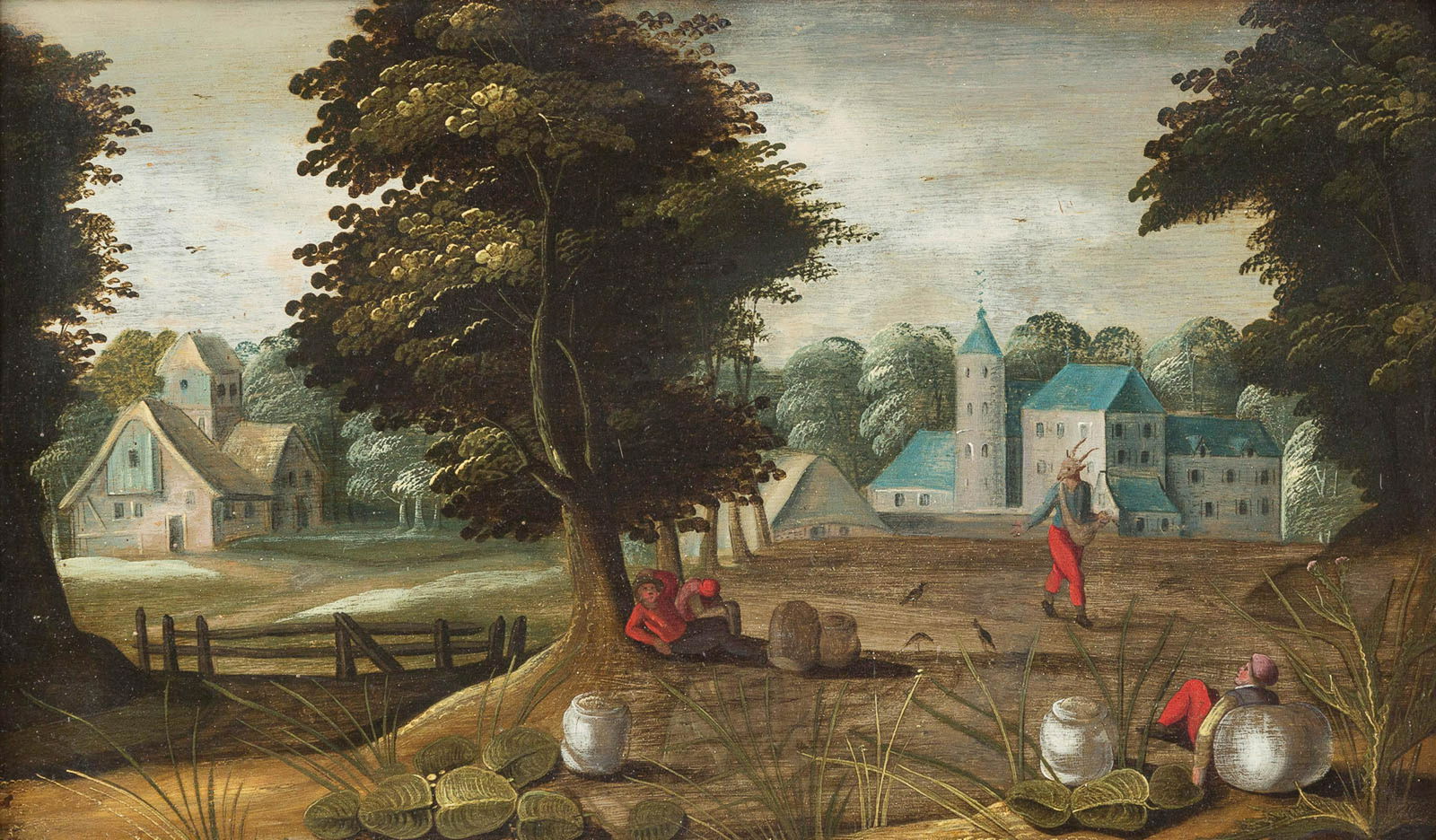 JACOB GRIMMER (ATTR.) 1525/1526 Antwerpen - um 1590: JACOB GRIMMER (ATTR.) 1525/1526 Antwerpen - um 1590 Ibid PARABLE OF THE SOWER (LK 8; 5-15) Oil on oak panel. 28 x 46,5 cm (F. 37 x 57 cm). Verso: On the panel in old writing titled: '...Gleichnis vom