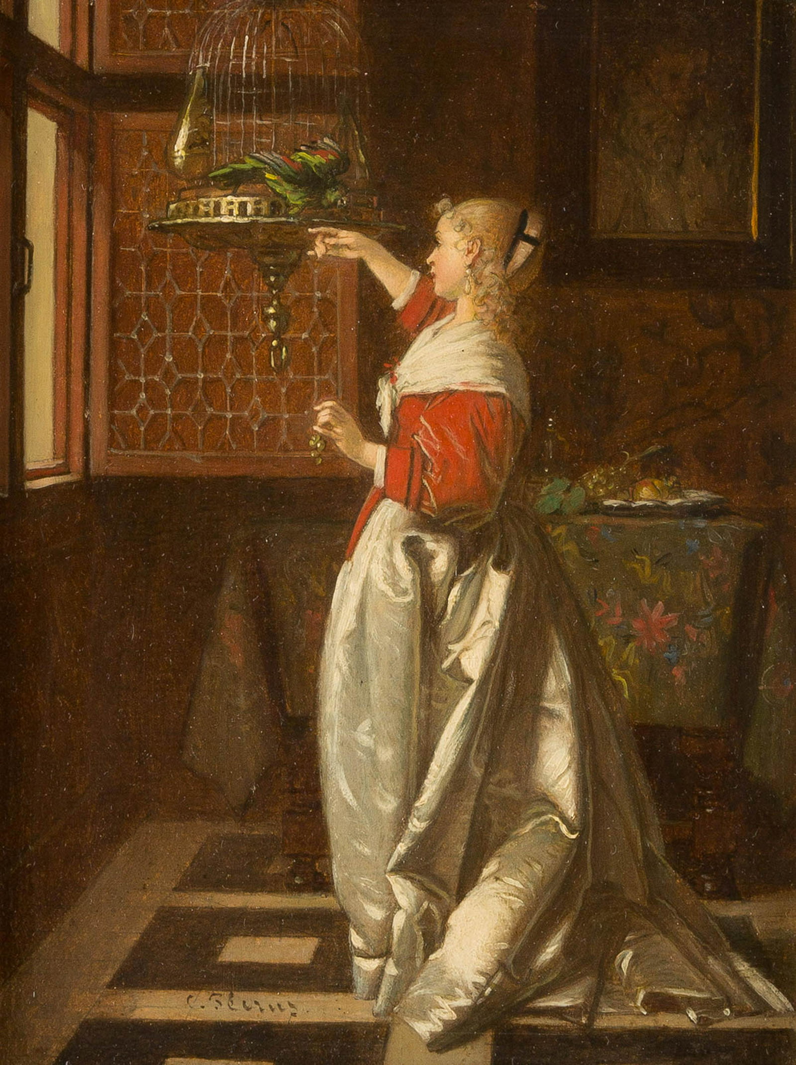 CHARLES-FRANÇOIS PECRUS 1826 Limoges - 1907 Paris: CHARLES-FRANÇOIS PECRUS 1826 Limoges - 1907 Paris Idle Moments Oil on wooden panel. 21.5 x 16 cm (F. 43.5 x 38.5 cm). Signed lower left 'C. Pécrus'. Verso: on label on panel handwritten titl