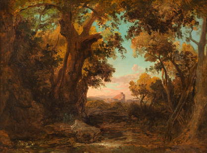 JOHANN WILHELM SCHIRMER 1807 Juelich - 1863 Karlsruhe: JOHANN WILHELM SCHIRMER 1807 Juelich - 1863 Karlsruhe Landscape with castle at twilight Oil on canvas (relined). 46 x 59.5 cm (F. 62.5 x 77 cm). Signed lower right 'J. W. Schirmer'. Verso: on stretche