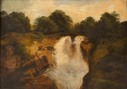 ALEXANDRE CALAME 1810 Vevey - 1864 Menton Waterfall: ALEXANDRE CALAME 1810 Vevey - 1864 Menton Waterfall ('Cascade') Oil on canvas (?) on wooden panel. 35.5 x 49.5 cm. Signed lower left (part. abraded) 'A. Calame'. Verso: Indicated on label on panel. So