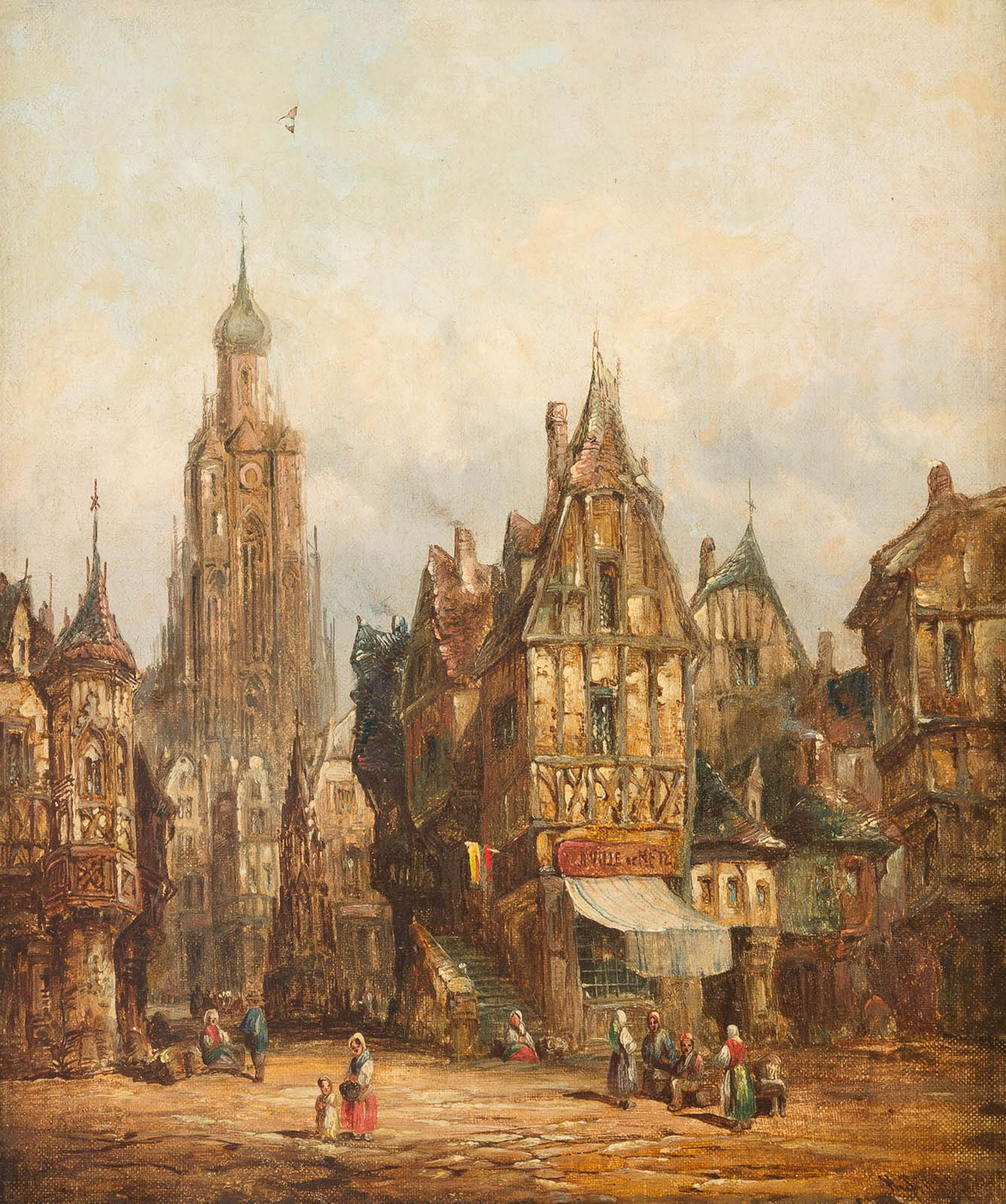 HENRY THOMAS SCHAEFER 1854 - 1915 View on a small town: HENRY THOMAS SCHAEFER 1854 - 1915 View on a small town Oil on canvas (relined). 30.5 x 25.5 cm (F. 43 x 38 cm). Signed lower right 'H. SCHAEFER'. Damaged, rest. Frame. Provenance: Important private co