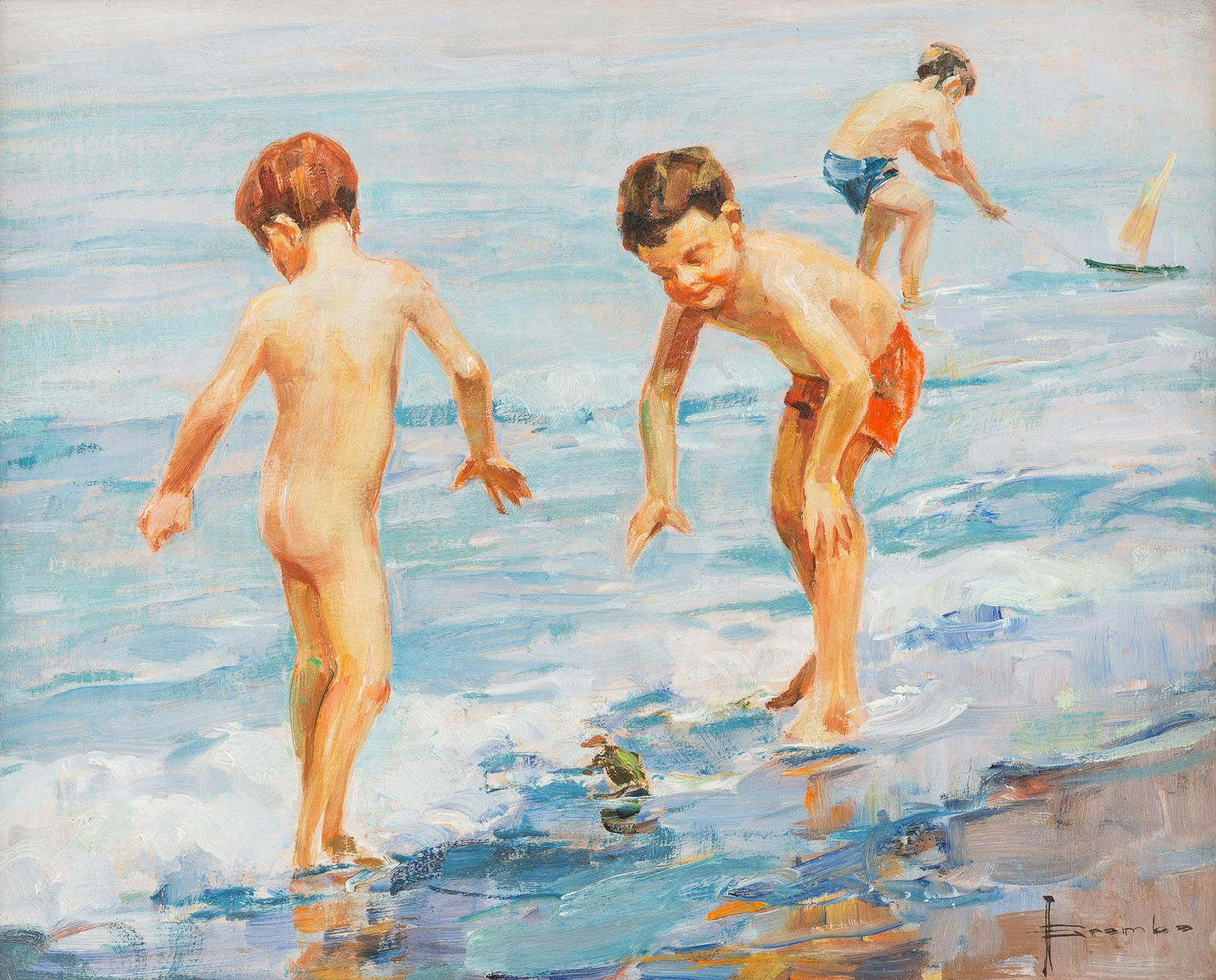ANGELO BROMBO 1893 Chioggia - 1962 Venice Kids playing: ANGELO BROMBO 1893 Chioggia - 1962 Venice Kids playing on the beach Oil on canvas (relined). 40.5 x 50.5 cm (F. 46.5 x 56 cm). Signed lower right 'ABrombo'. Very min. soiled, very min. abraded, rest.