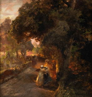 OSWALD ACHENBACH 1827 Duesseldorf - 1905 Ibid. Walk in: OSWALD ACHENBACH 1827 Duesseldorf - 1905 Ibid. Walk in the park Villa Borghese at sunset Oil on canvas (relined). 30 x 27.5 cm (F. 47.5 x 45 cm). Signed and dated lower right 'Osw. Achenbach (18)85'.