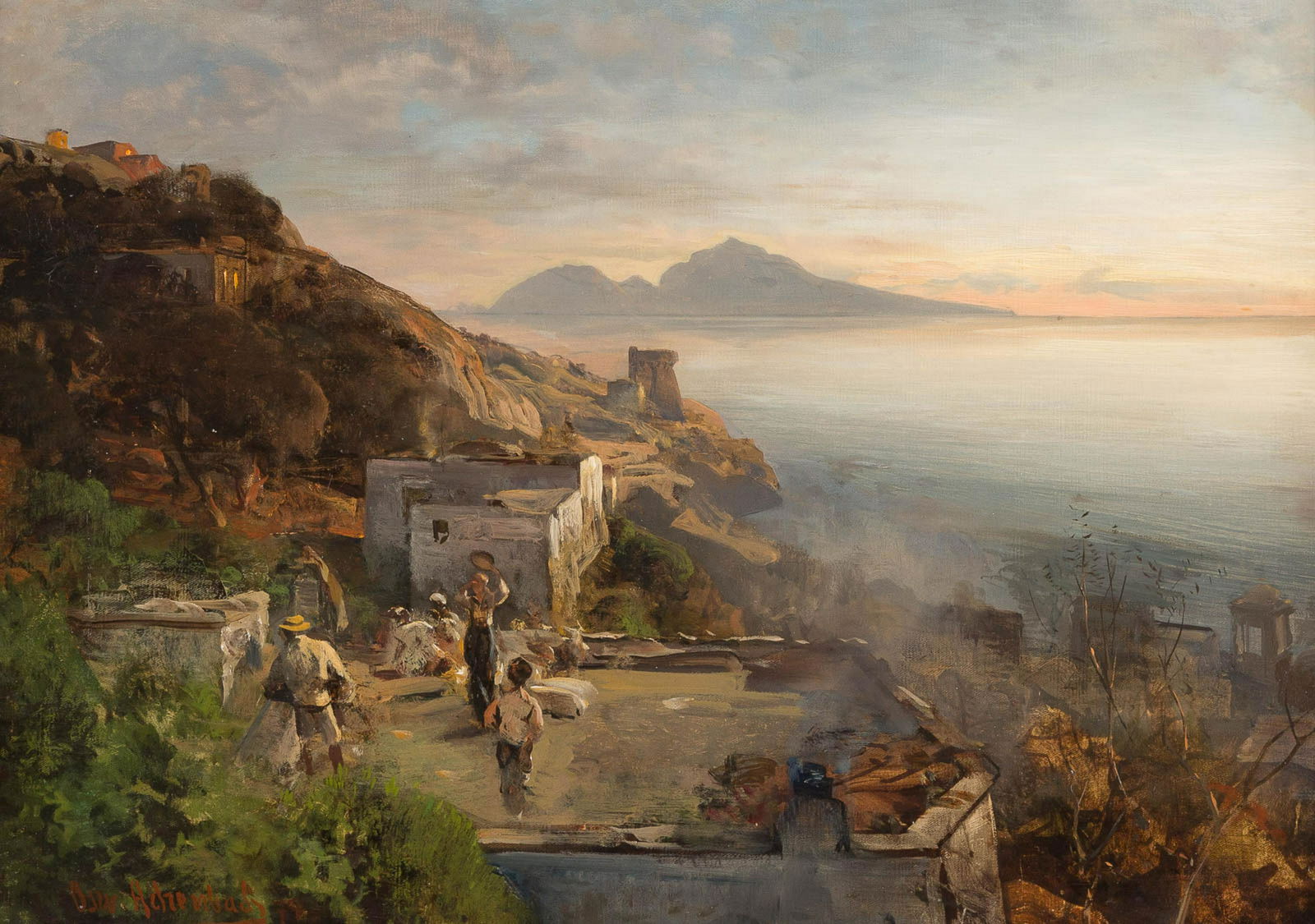 OSWALD ACHENBACH 1827 Duesseldorf - 1905 Ibid. Evening: OSWALD ACHENBACH 1827 Duesseldorf - 1905 Ibid. Evening in the bay of Naples Oil on canvas. 42.5 x 60 cm (F. 61.5 x 79 cm). Signed and dated lower left 'Osw. Achenbach (18)77'. Min. abraded, rest. Fram