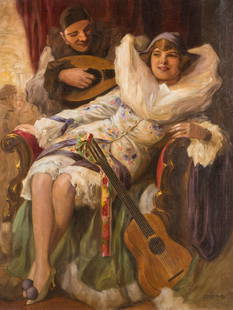 RICHARD GEIGER 1882 Ungvár (Hungary) - 1945: RICHARD GEIGER 1882 Ungvár (Hungary) - 1945 Budapest Harlequin with lute player Oil on canvas. 100 x 74.5 cm (F. 115.5 x 90 cm). Signed lower right 'GEIGER. R.'. Min. soiled, damaged, rest. Frame