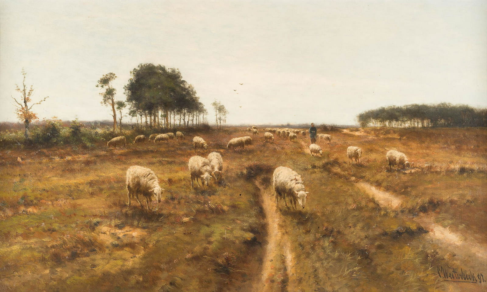CORNELIS WESTERBEEK 1844 Sassenheim (Zuid-Holland) -: CORNELIS WESTERBEEK 1844 Sassenheim (Zuid-Holland) - 1903 The Hague Shepherd with his flock in heath landscape Oil on canvas (relined). 60 x 100 cm (F. 69.5 x 109 cm). Signed and dated lower right 'C.