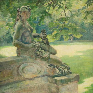 AUGUST ACHTENHAGEN 1865 Berlin - 1938 Sandstone figure: AUGUST ACHTENHAGEN 1865 Berlin - 1938 Sandstone figure in a park Oil on plate. 66,5 x 67 cm (F. 79 x 78,5 cm). Signed lower left 'Aug Achtenhagen'. Verso: Titled and indicated on plate. Frame. AUGUST