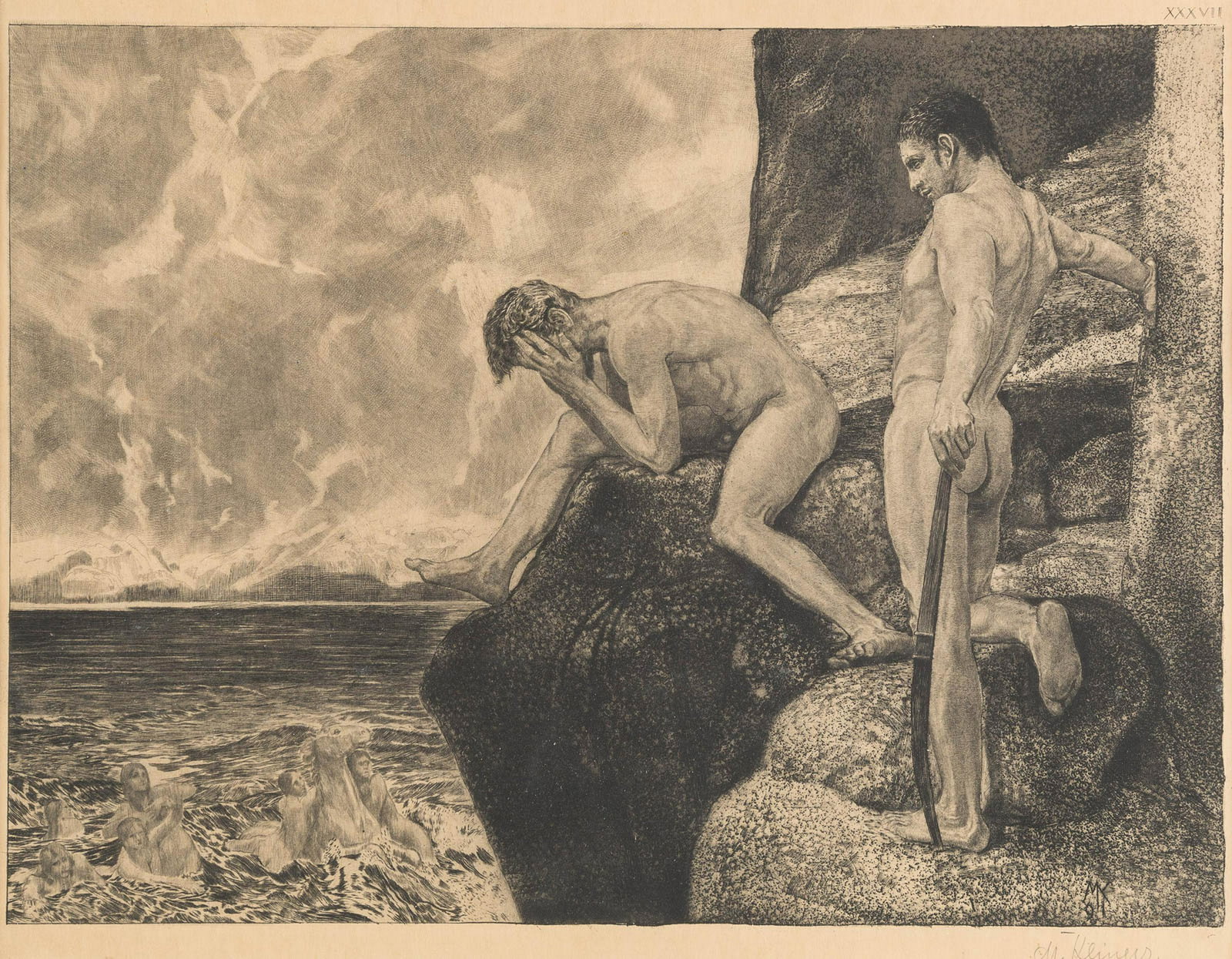 MAX KLINGER 1857 Leipzig - 1920 Großjena DER: MAX KLINGER 1857 Leipzig - 1920 Großjena DER BEFREITE PROMETHEUS Etching with aquatint on paper. Visible size 26,5 x 34,5 cm (f. 36,5 x 46,5 cm). Signed with pencil in the lower right 'M. Klinger