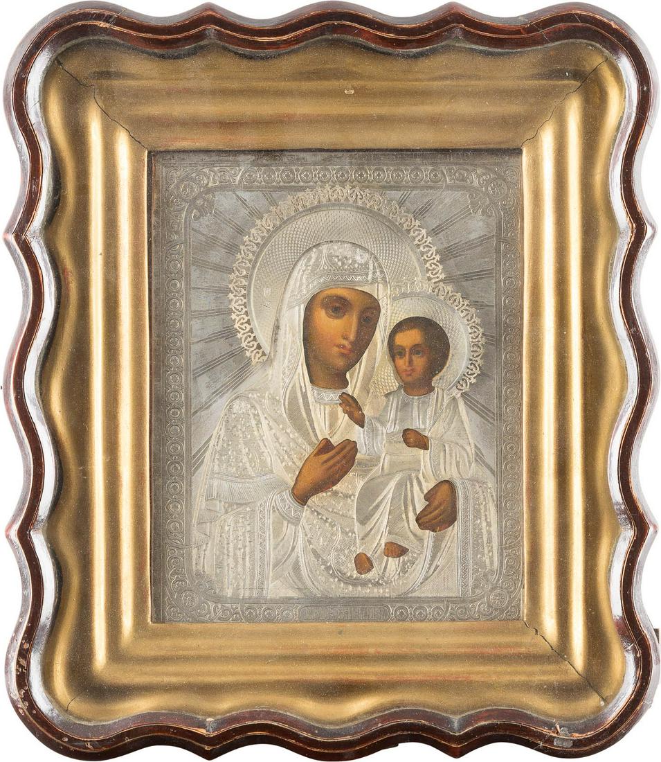 IKONE MIT DER GOTTESMUTTER 'IWERSKAJA' MIT SILBER-OKLAD: AN ICON SHOWING THE IVERSKAYA MOTHER OF GOD WITH A SILVER-GILT OKLAD Russian, late 19th century (icon), Russian, Moscow, 1891 (oklad) Oil on wood panel with velvet backing. Overlaid with a silver-gilt