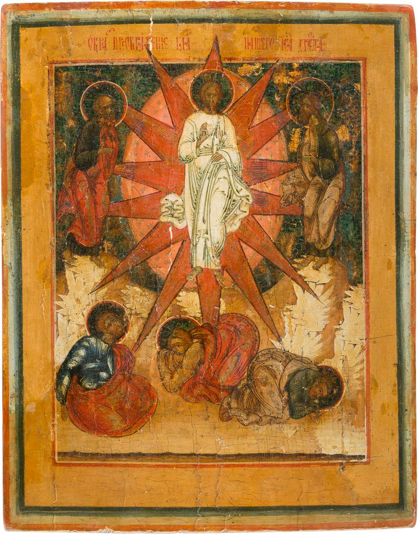IKONE MIT DER VERKLAERUNG CHRISTI: AN ICON SHOWING THE TRANSFIGURATION OF CHRIST Russian, 17th century Tempera on wood panel. The background gilded. Paint blisterings, restorations. 34.6 x 27.8 cm. IKONE MIT DER VERKLaeRUNG CHRISTI Rus