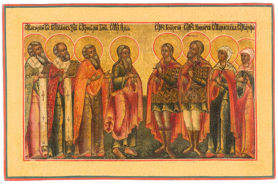 IKONEN-FRAGMENT MIT HEILIGEN: AN ICON FRAGMENT SHOWING SELECTED SAINTS Russian, 19th century Tempera on wood panel with kovcheg. Executed on a gold ground. Restorations. 15.8 x 24.1 cm. IKONEN-FRAGMENT MIT HEILIGEN Russland, 19. J
