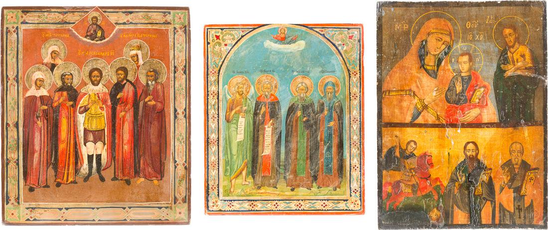 DREI IKONEN MIT AUSGEWAEHLTEN HEILIGEN: THREE ICONS SHOWING SELECTED SAINTS Greek/Russian, 19th century Tempera/oil on wood panels. The borders made of silver. Restorations, losses. 31-36.8 cm high. DREI IKONEN MIT AUSGEWaeHLTEN HEILIGEN Gr