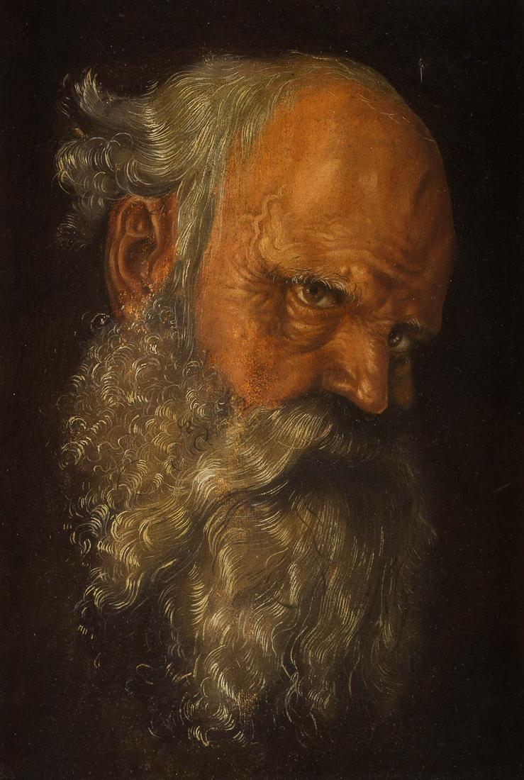 HANS BALDUNG (ALSO: HANS BALDUNG GRIEN) (FOLLOWER OF: HANS BALDUNG (ALSO: HANS BALDUNG GRIEN) (FOLLOWER OF THE 19TH CENTURY) 1484/1485 Schwäbisch Gmünd - 1545 Straßburg HEAD OF AN OLD MAN Oil on wooden panel. 31,5 cm x 22 cm (F. 38,5 cm x