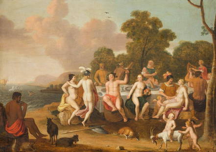 CORNELIS WILLAERTS 1600 Utrecht - 1666 Ebenda THE FEAST: CORNELIS WILLAERTS 1600 Utrecht - 1666 Ebenda THE FEAST OF THE GODS Oil on oak panel. 44 cm x 63,5 cm (F. 54 cm x 73,5 cm). Signed and dated lower left: 'C. Willarts 1657'. Verso: On the oak panel old