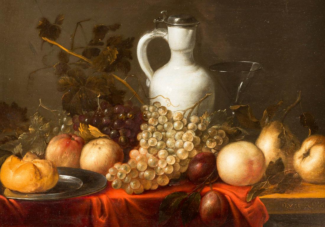 DANIEL VERTANGEN C. 1600 Amsterdam - 1681 Ibid STILL: DANIEL VERTANGEN C. 1600 Amsterdam - 1681 Ibid STILL LIFE WITH GRAPES, PEARS, WINE JAR AND BREAD Oil on oak wooden panel. 44 cm x 64 cm (F. 59 cm x 78 cm). Monogrammed and dated in the lower right 'D.