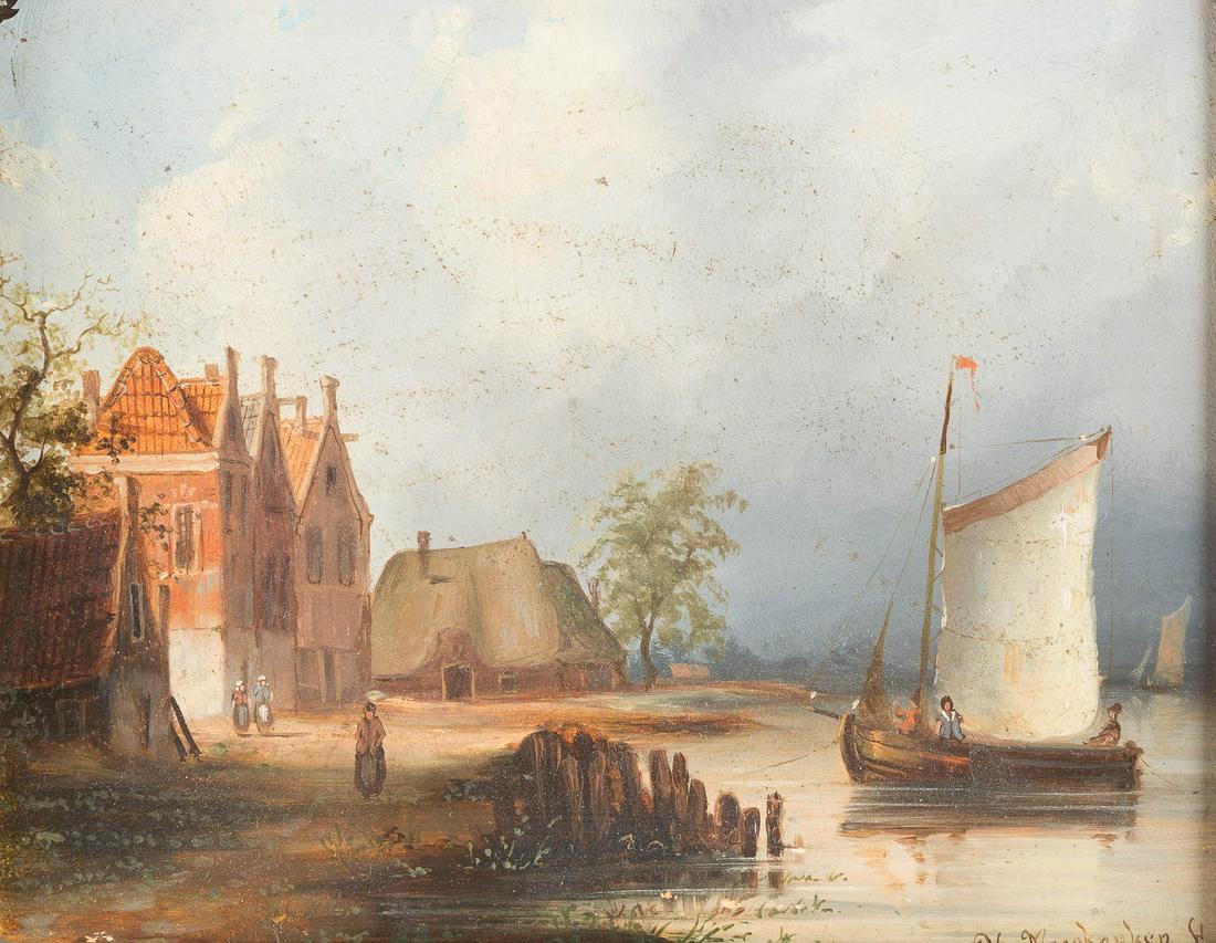 DUTCH SCHOOL c. 1900 Set of paintings. Harbour town (1); (1 of 4)