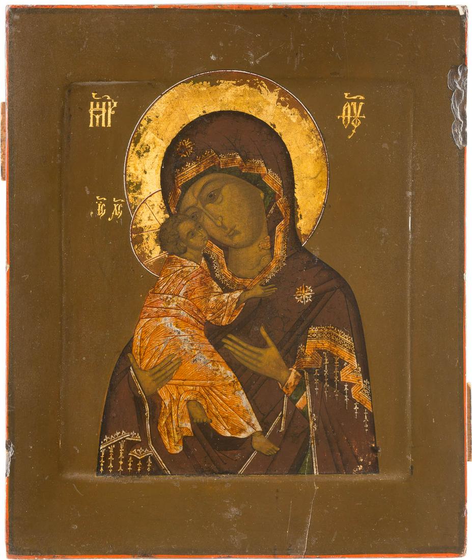 A FINELY PAINTED ICON SHOWING THE VLADIMIRSKAYA MOTHER: A FINELY PAINTED ICON SHOWING THE VLADIMIRSKAYA MOTHER OF GOD Russian, 19th century Tempera on wood panel with kovcheg. The haloes gilded. Minimally restored, the edges minimally chipped. 30.8 x 26.2 