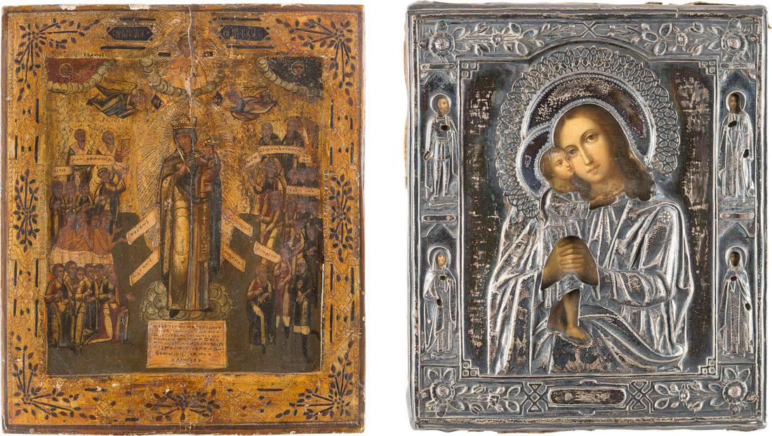 TWO ICONS SHOWING THE MOTHER OF GOD 'SEEKING OF THE: TWO ICONS SHOWING THE MOTHER OF GOD 'SEEKING OF THE LOST' WITH A SILVER OKLAD AND AN ICON SHOWING THE MOTHER OF GOD 'JOY TO ALL WHO GRIEVE' Russian, 2nd half 19th century (icons), Russian, Moscow, 187