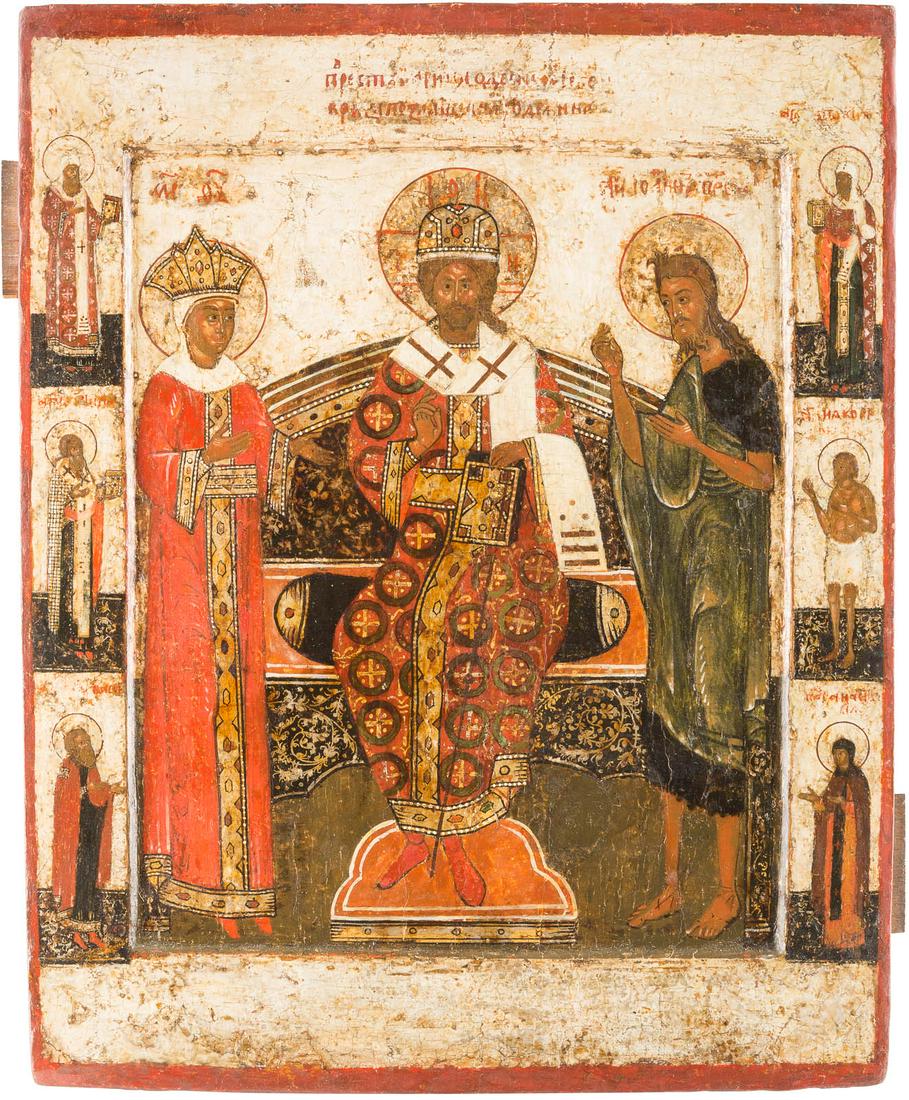 AN ICON SHOWING THE DEISIS Russian, 17th century: AN ICON SHOWING THE DEISIS Russian, 17th century Tempera on wood panel with kovcheg. The ornaments made of silver, covered by a golden lacquer. Six selected saints on the borders including St. Jakov a